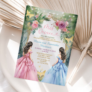 Twin Pink Blue Dress Floral Princess Mis Quince Invitation
