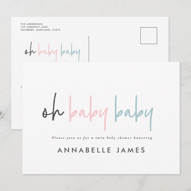 twin pink blue modern typography contemporary chic invitation (Front/Back)