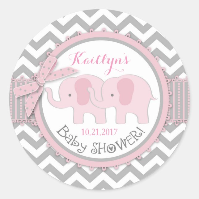 Twin Pink Elephants Grey White Chevron Baby Shower Classic Round Sticker (Front)