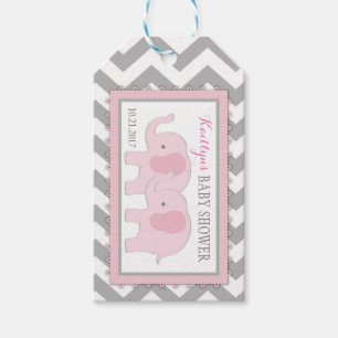 Twin Pink Elephants Grey White Chevron Baby Shower Gift Tags