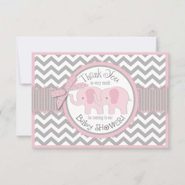 Twin Pink Elephants Grey White Chevron Thank You Card (Front)
