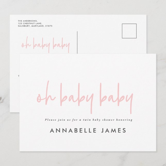 twin pink girly modern typography contemporary invitation (Front/Back)