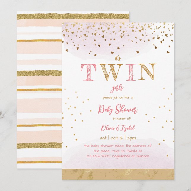 Twin Pink Gold Glitter Simple Baby Girl Shower Invitation (Front/Back)