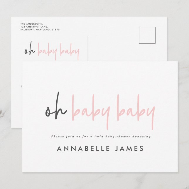 twin pink modern typography contemporary baby girl invitation (Front/Back)