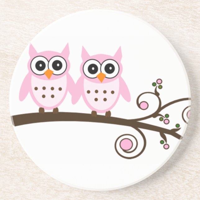 Twin Pink Owls on Brown Branch Coaster (Front)