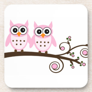 Twin Pink Owls on Brown Branch Coaster