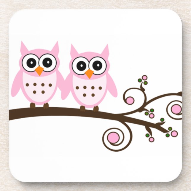 Twin Pink Owls on Brown Branch Coaster (Front)