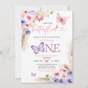 Twin Pink Purple Butterfly First Birthday Floral Invitation