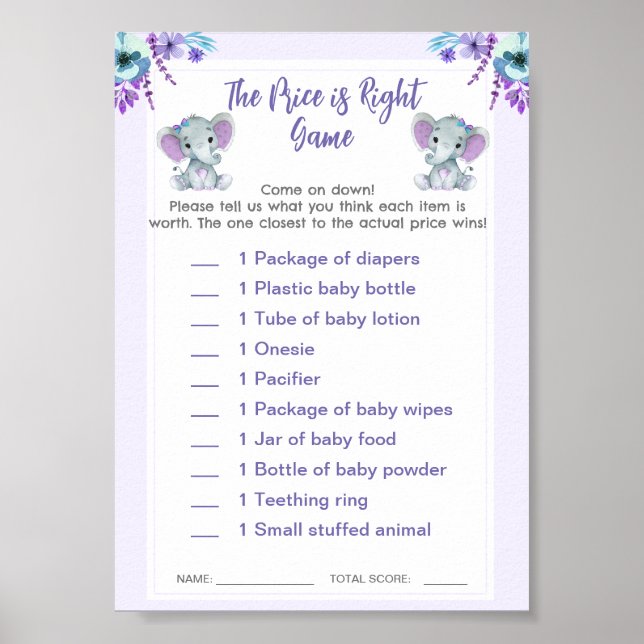 Twin Price is Right Baby Shower Game Elephants Poster (Front)