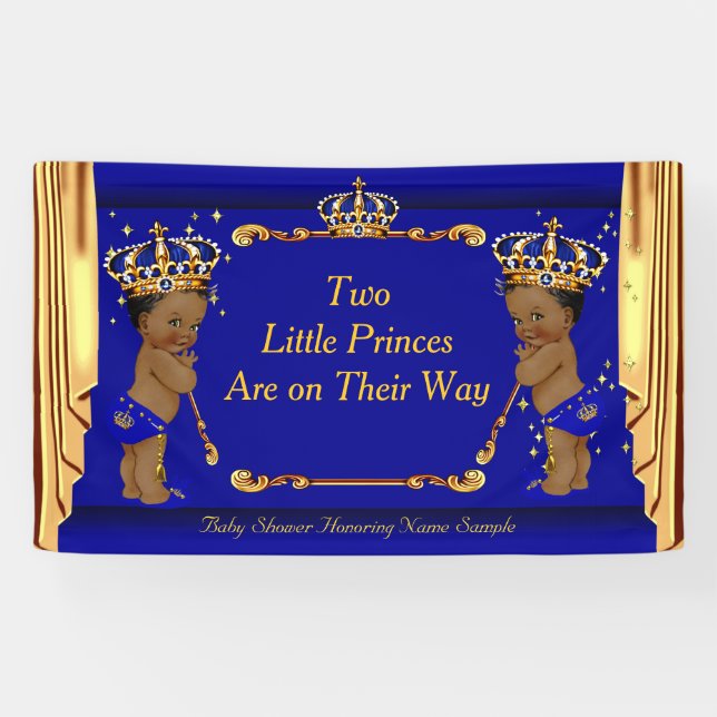 Twin Prince Baby Shower Blue Gold Drapes Ethnic Banner (Horizontal)