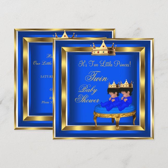 Twin Prince Baby Shower Royal Blue Gold Boy Crown Invitation (Front/Back)