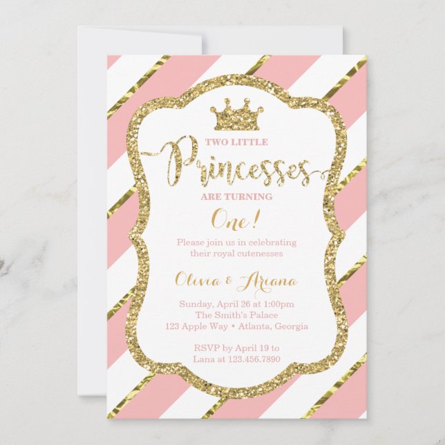 Twin Princesses Birthday Invitation, Pink, Gold Invitation (Front)