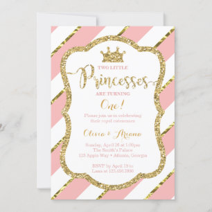 Twin Princesses Birthday Invitation, Pink, Gold Invitation