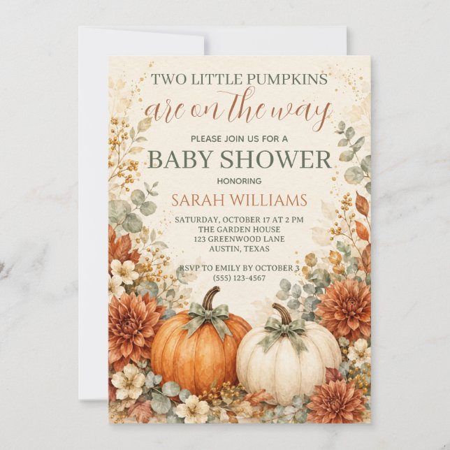 Twin Pumpkin Baby Shower  Invitation (Front)