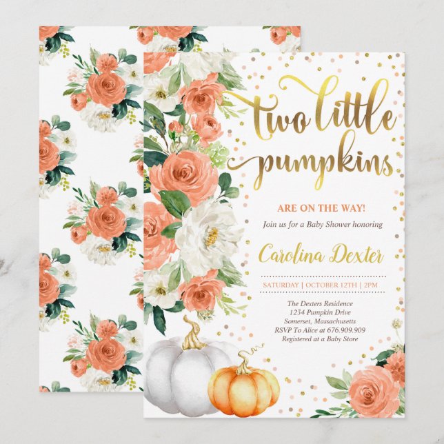Twin Pumpkin Baby Shower Invitation Orange & Gold (Front/Back)