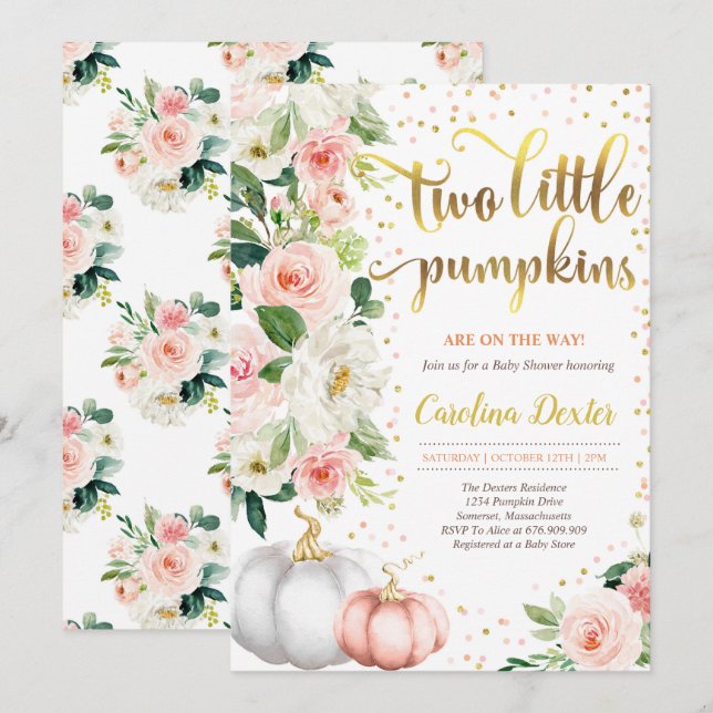 Twin Pumpkin Baby Shower Invitation Pink And Gold (Front/Back)