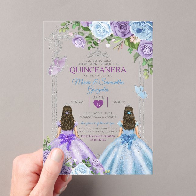 Twin Purple And Blue Butterfly Silver Quinceañera Acrylic Invitations (Insitu (Handheld))