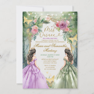 Twin Purple and Green Royal Princess Mis Quince Invitation