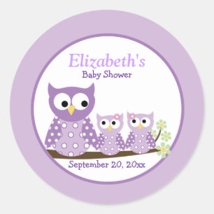 Twin Purple Owls Baby Shower Favour Sticker