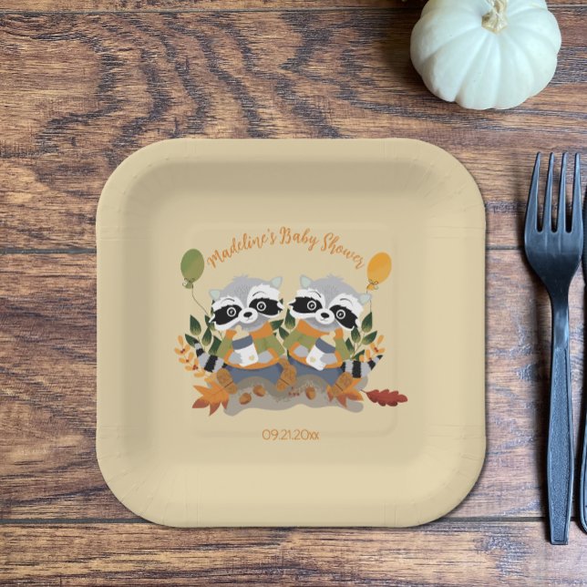 Twin Raccoons Fall Baby Shower Square Paper Plates (Creator Uploaded)