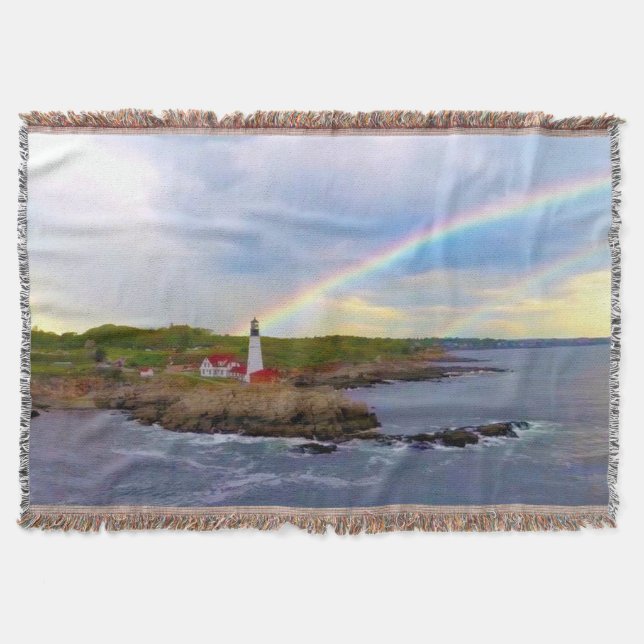 Twin Rainbows and Lighthouse Throw Blanket (Front)