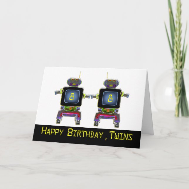 Twin Robot Birthday 8 years old Card (Front)