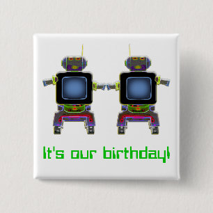 twin robots in neon colours 15 cm square badge