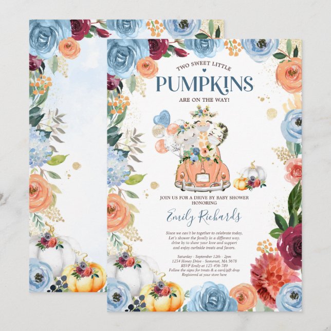 Twin Safari Animals Pumpkin Drive By Baby Shower Invitation (Front/Back)
