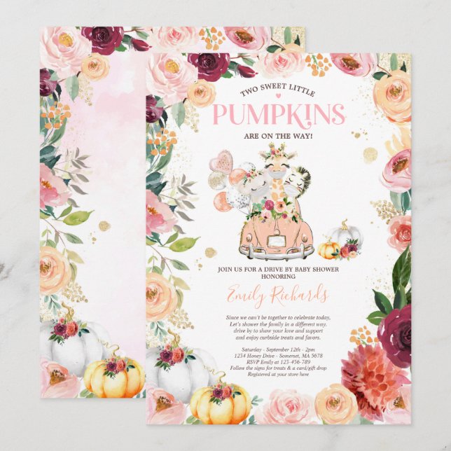 Twin Safari Animals Pumpkin Drive By Baby Shower Invitation (Front/Back)