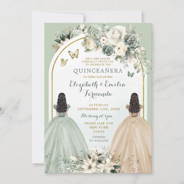 Twin Sage Green and Ivory Quinceañera Princesses Invitation (Front)