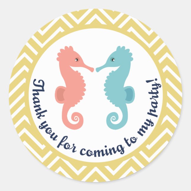 Twin Seahorses Swim Summer Party Thank You Sticker (Front)