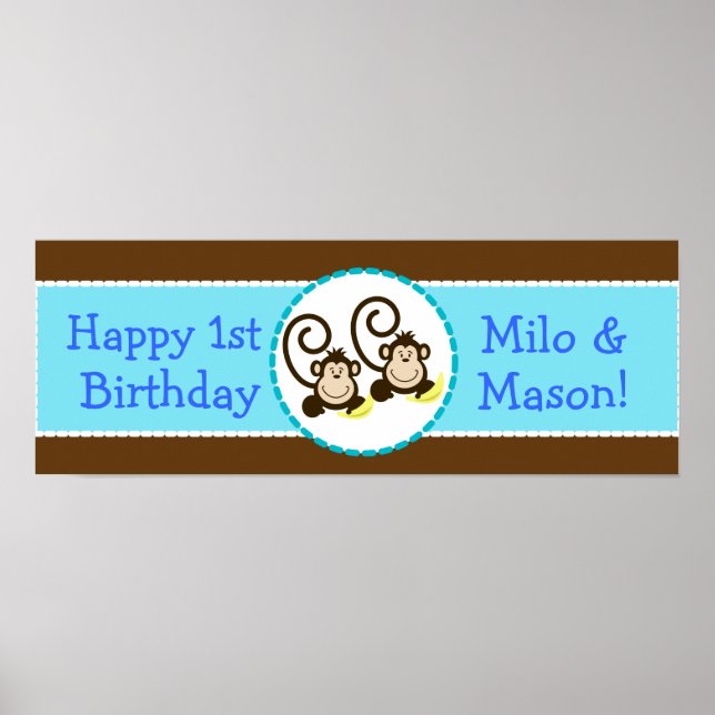 TWIN Silly Monkeys Personalised Birthday Banner Poster (Front)