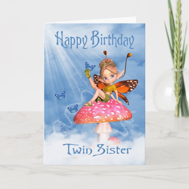 Twin Sister Birthday Card - Cute Fairy On A Mushro (Front)