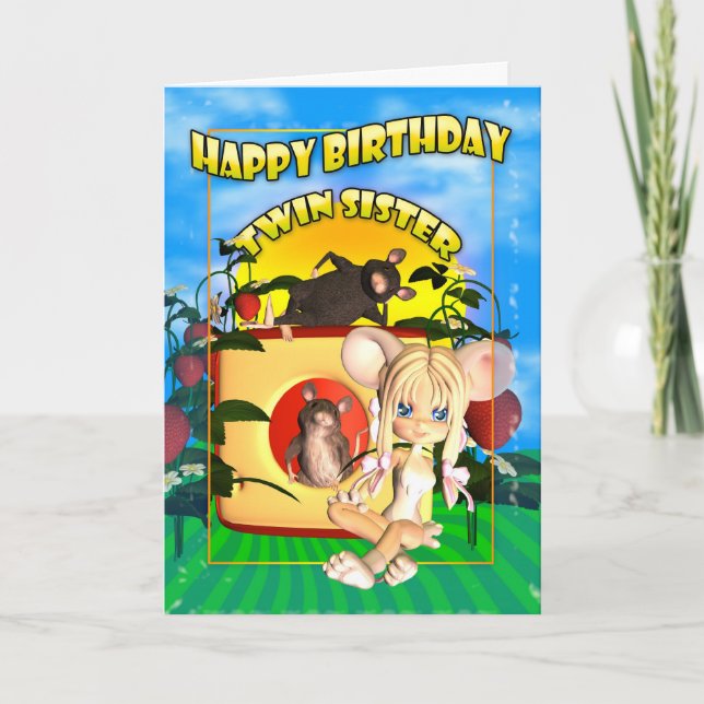 Twin Sister Birthday card cutie pie mouse, with mi (Front)