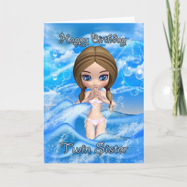 twin sister birthday card - girl swimming (Front)