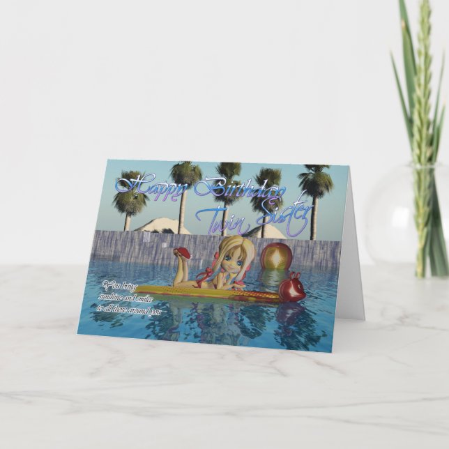 Twin Sister Birthday card, Moonies Cutie Pie pool Card (Front)
