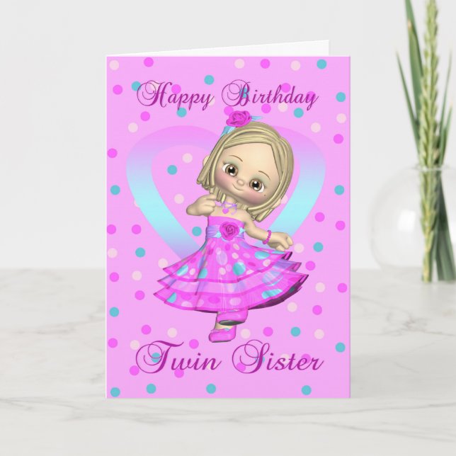 twin sister birthday card - pink and blue polka do (Front)