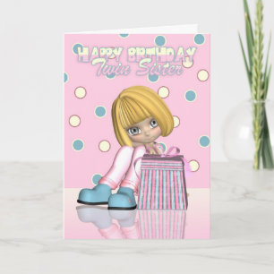 Twin Sister Birthday Card With Cute Little Girl An