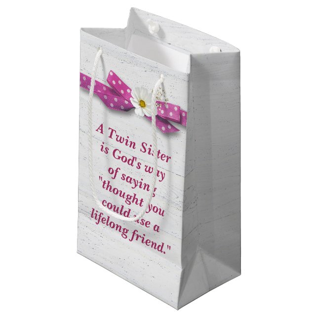Twin Sister Birthday with Polka Dot Ribbon  Small Gift Bag (Front Angled)