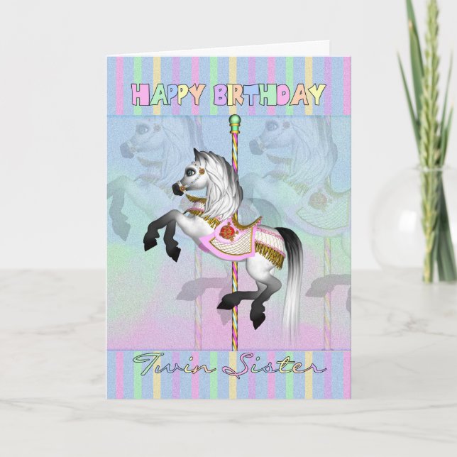 twin sister carousel birthday card - pastel carous (Front)