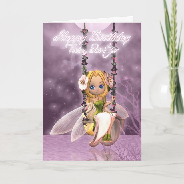 Twin Sister Happy Birthday cute fairy on flower sw Card (Front)