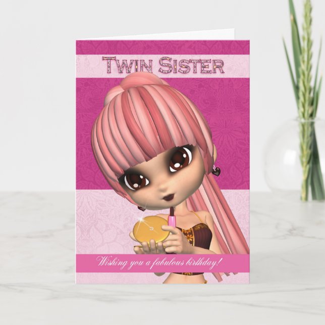 Twin Sister Trendy Birthday Girl Greeting Card (Front)