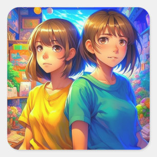 Twin Sisters Anime Girls Square Sticker