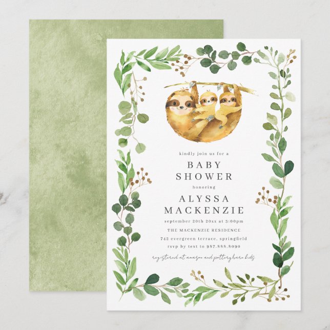 Twin Sloth Baby Shower Invitation (Front/Back)