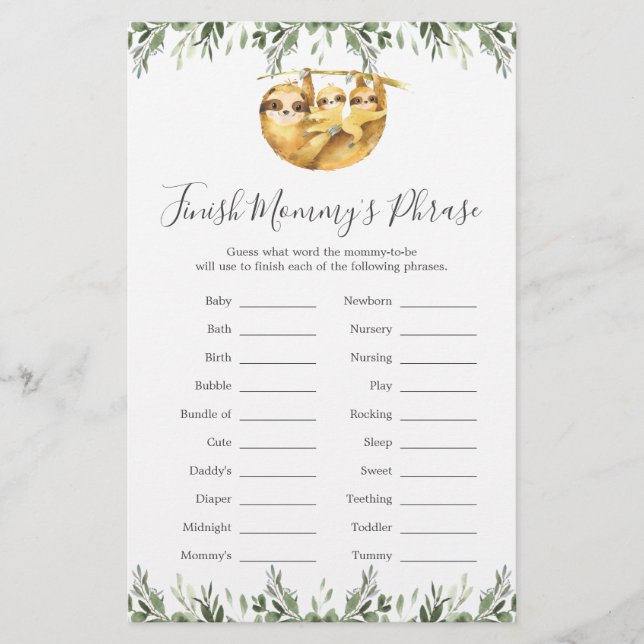 Twin Sloths Baby Shower Finish Mummy's Phrase Game (Front)