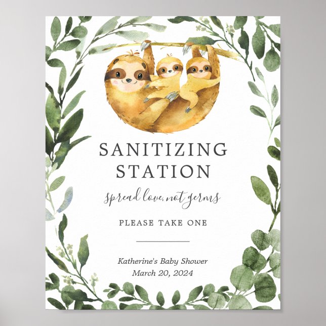 Twin Sloths Baby Shower Sanitizing Station Sign (Front)