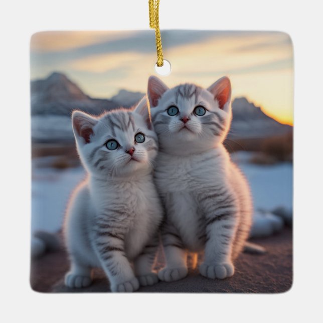 Twin Snowy Mountain Winter Kittens Ceramic Ornament (Front)