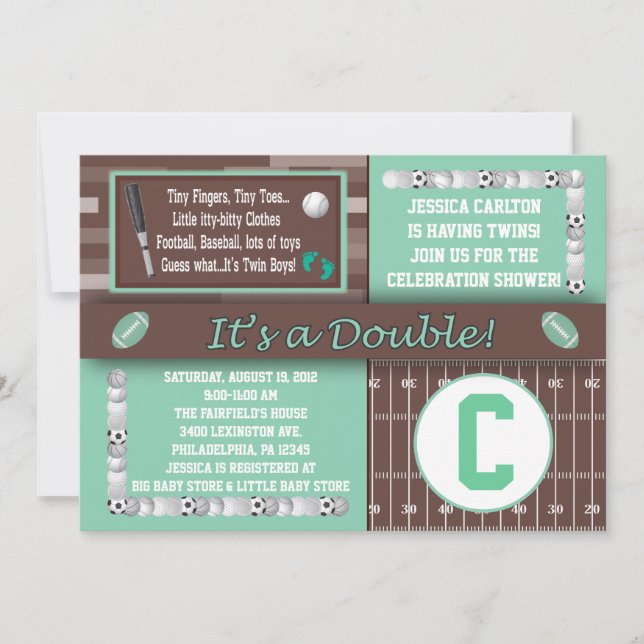 Twin Sports Baby Shower Invitations Green (Front)