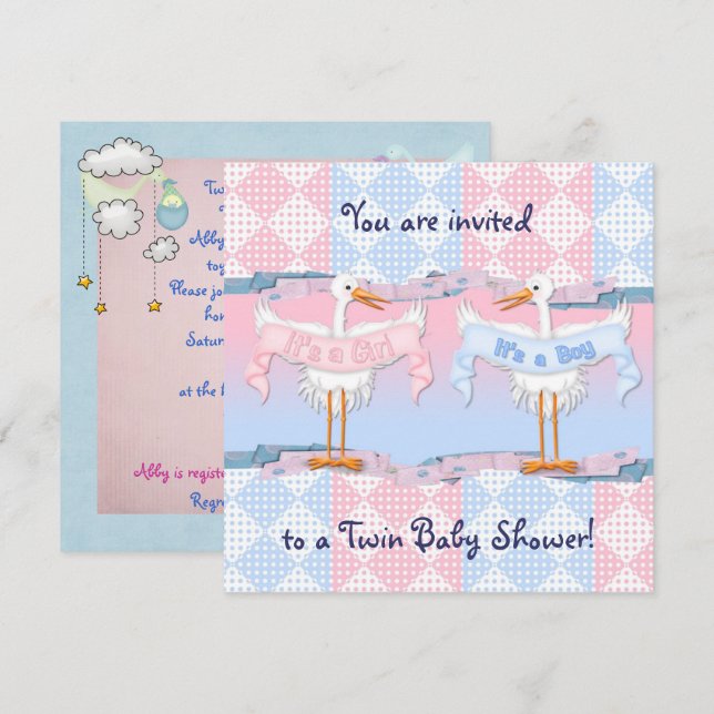 Twin Storks for Baby Shower Invitation (Front/Back)
