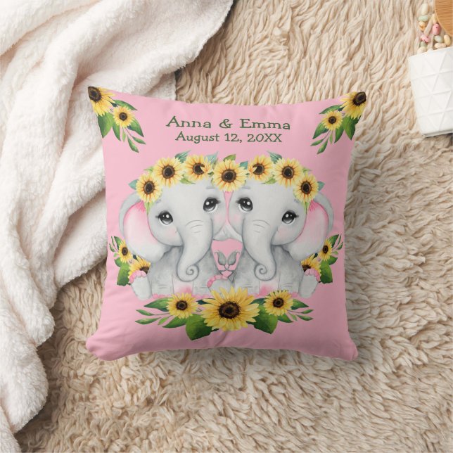 Twin Sunflower Baby Elephant Girls Cushion (Blanket)